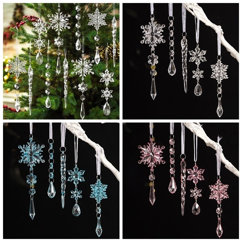 Adornos de Navidad de Acrílico Copo de Nieve Carámbano Colgantes de Árbol de Cristal Decoración Colgante de Invierno Hogar Blanco Rosa Azul