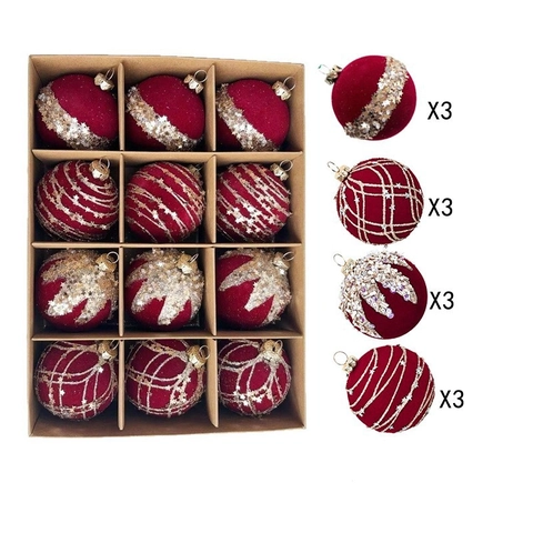 12-Piece Christmas Flocking Ball Ornaments Set Burgundy Green Velvet Christmas Tree Hanging Decorations For Holiday Party Home Decor
