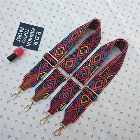 Tracolla Larga Regolabile Ricambio per Borsa a Tracolla Multicolore Geometrica Etnica Intrecciata in Poliestere Jacquard con Gancio in Metallo