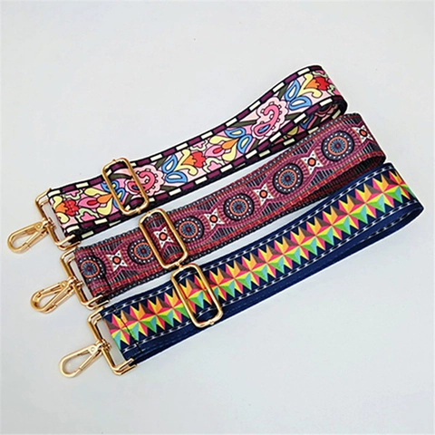 Wide Replacement Bag Strap For Women Ethnic Bohemian Adjustable Crossbody Shoulder Strap Polyester Webbing With Metal Clasps Boho Printed Pattern