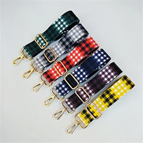 Adjustable Plaid Canvas Bag Strap Ethnic Style Polyester Replacement Shoulder Crossbody Belt With Gold Metal Buckles For Women Handbags