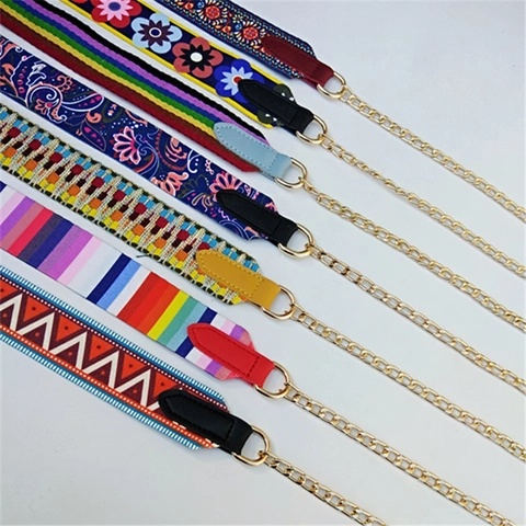 Bandoulière Tissée Ethnique Avec Chaîne en Métal Doré Remplacement Bohème pour Sacs à Main Femme Accessoires de Mode
