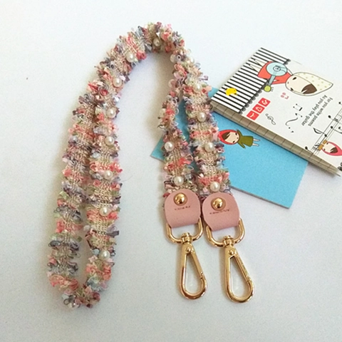 Tracolla per Borsa in Tessuto Tweed Con Perle Artificiali Estremità in Pelle Rosa Ganci in Lega Dorata Ricambio