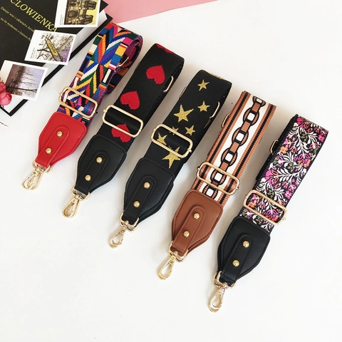 Wide Bag Strap Replacement Adjustable Woven Fabric PU Leather Detachable Metal Buckle Ethnic Bohemian Geometric Crossbody