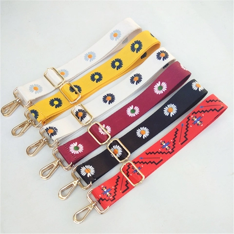 Ethnic Style Adjustable Polyester Bag Strap For Women Daisy Floral Printed Replacement Shoulder Belt For Crossbody Bag Handbag Accessory With Metal Buckle