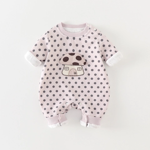 Baby Girls Long Sleeve Polka Dot Romper Cartoon Mushroom Embroidery Patch Snap Closure Comfortable Cotton Blend Jumpsuit