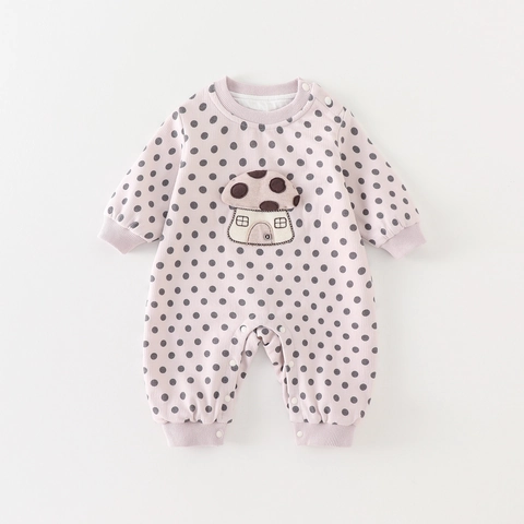 Baby Girls Long Sleeve Polka Dot Romper Cartoon Mushroom Embroidery Patch Snap Closure Comfortable Cotton Blend Jumpsuit
