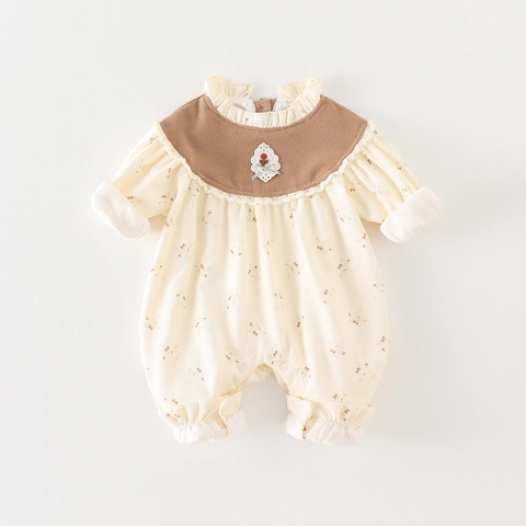 Infant Baby Girls Long Sleeve Floral Romper Ruffled Peter Pan Collar Jumpsuit Autumn Spring Polyester One-Piece Jumpsuit Outfit