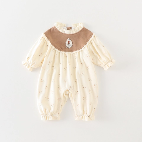 Infant Baby Girls Long Sleeve Floral Romper Ruffled Peter Pan Collar Jumpsuit Autumn Spring Polyester One-Piece Jumpsuit Outfit