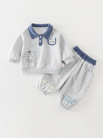 Ensemble de Sport Décontracté pour Bébé Fille Haut Polo Manches Longues Et Pantalon Avec Motif Ours Mélange de Coton Gris