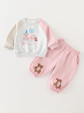 Baby Meisjes Patchwork Cartoon Beer Sweatshirt Top En Broek Set Herfst Casual Zachte Katoenmix Outfit Voor Peuters