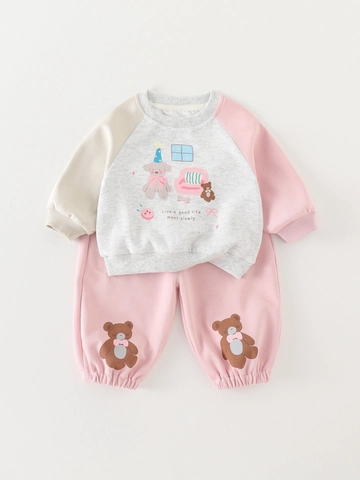 Baby Meisjes Patchwork Cartoon Beer Sweatshirt Top En Broek Set Herfst Casual Zachte Katoenmix Outfit Voor Peuters