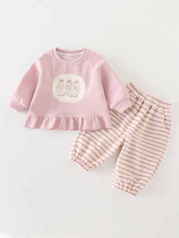 Set da Bambina 2 Pezzi in Cotone Felpa E Pantaloni a Righe Stampa Coniglio Orlo con Volant Rosa Casual Autunno Primavera