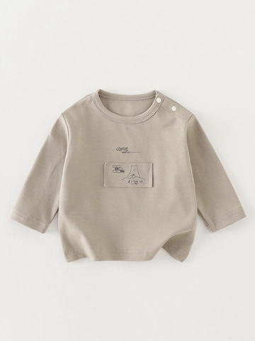 Baby-Jungen Langarm T-Shirt Koreanischer Stil Baumwolle Rundhals Top Mit Schulterknöpfen Cartoon Bär Druck Khaki Säugling Unterziehshirt