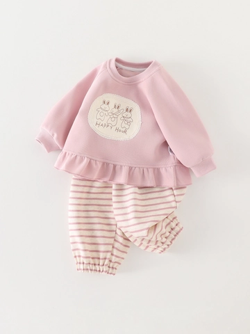Set da Bambina 2 Pezzi in Cotone Felpa E Pantaloni a Righe Stampa Coniglio Orlo con Volant Rosa Casual Autunno Primavera