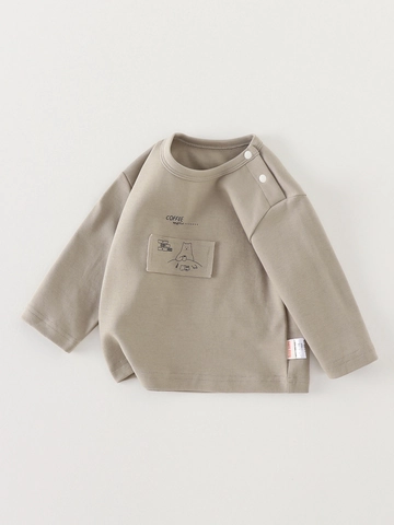 Baby-Jungen Langarm T-Shirt Koreanischer Stil Baumwolle Rundhals Top Mit Schulterknöpfen Cartoon Bär Druck Khaki Säugling Unterziehshirt