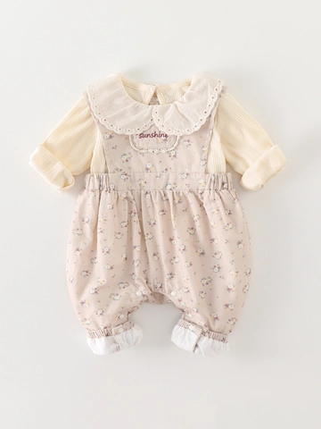 Ensemble de Vêtements d'Automne en Coton pour Bébé Filles Pantalon à Bretelles Floral T-shirt Manches Longues Col Claudine