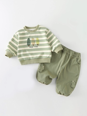 Magic Tree Druck Gestreiftes Langarm Sweatshirt Und Hose Set Für Kleinkinder Jungen Herbst Casual Outfits Grün Kleidung