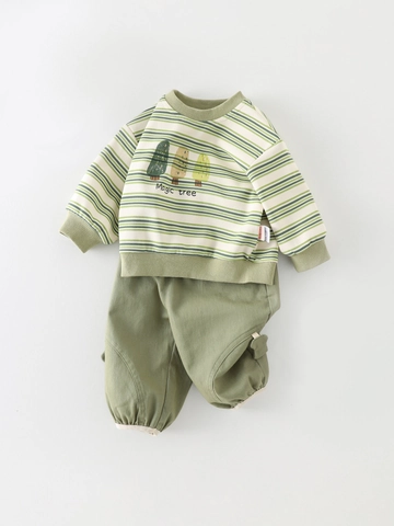 Magic Tree Druck Gestreiftes Langarm Sweatshirt Und Hose Set Für Kleinkinder Jungen Herbst Casual Outfits Grün Kleidung