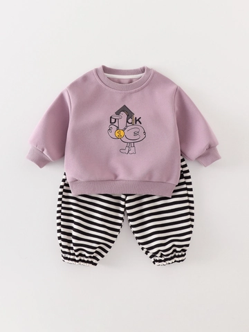 Ensemble d'Automne pour Bébé Sweat en Coton et Pantalon Rayé Style Coréen Canard Cartoon Manches Longues
