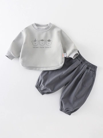 Ensemble de Vêtements en Mélange de Coton pour Bébé Garçon Sweat à Capuche Imprimé Ours et Pantalon Tenue d'Automne Décontractée