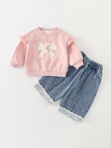 Ensemble Sweat-shirt Rose à Volants et Pantalon en Jean à Nœud pour Fille Nourrisson Mignon Lapin 3D Automne Haut Manches Longues