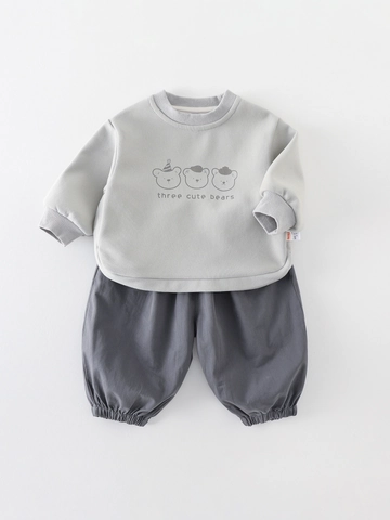 Ensemble de Vêtements en Mélange de Coton pour Bébé Garçon Sweat à Capuche Imprimé Ours et Pantalon Tenue d'Automne Décontractée