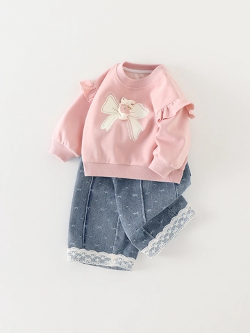 Ensemble Sweat-shirt Rose à Volants et Pantalon en Jean à Nœud pour Fille Nourrisson Mignon Lapin 3D Automne Haut Manches Longues