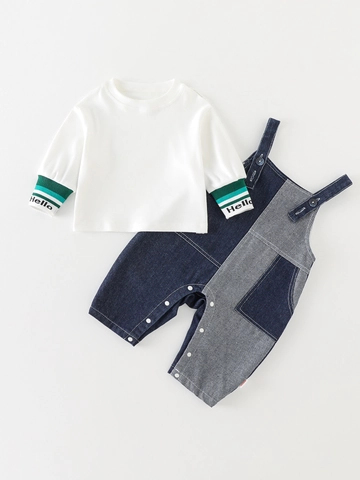 Baby Meisjes Casual Katoenmix Lange Mouw T-Shirt En Kleurblok Denim Overalls Twee Delig Herfst Kleding Set