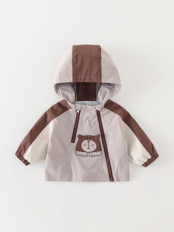 Peuter Jongens Herfst Winter Polyester Kleurblok Windjack Met Capuchon Cartoon Beer Schuine Rits Kinderjas