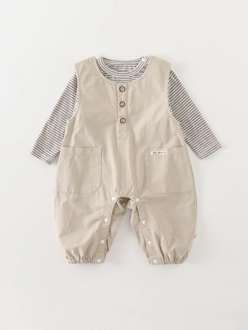 Baby Boy Girl Cotton Striped Long Sleeve T-Shirt And Overall Romper Two Piece Set Soft Autumn Casual Outfit