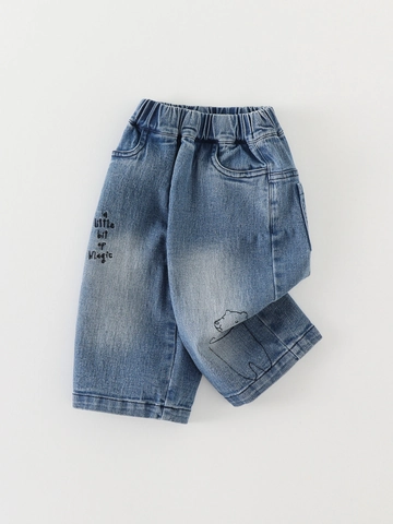 Kleinkind Baby Jungen Denim Hose Baumwollmischung Weich Gewaschene Jeans Mit Bärenmuster Buchstabenstickerei Lässige Hose