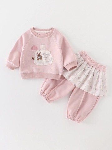 Kleinkinder Mädchen Koreanischer Stil Rosa Sweatshirt Und Lange Hose Mit Süßem Hasenmuster Weiche Herbstbekleidung Outfit