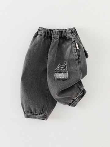 Kids Boys Casual Denim Jogger Pants Dark Wash Cotton Blend Elastic Waist Autumn Trousers With House Embroidery Patch Detail
