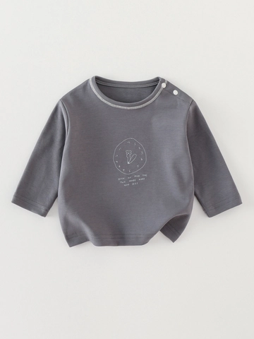 Jungen Langarm T-Shirt Baumwollmischung Rundhals Schulterknopf Kleinkind Crewneck Top Bär Uhr Druck Pullover Tee