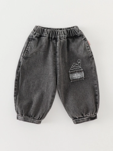 Kids Boys Casual Denim Jogger Pants Dark Wash Cotton Blend Elastic Waist Autumn Trousers With House Embroidery Patch Detail