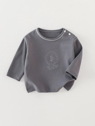 Jungen Langarm T-Shirt Baumwollmischung Rundhals Schulterknopf Kleinkind Crewneck Top Bär Uhr Druck Pullover Tee