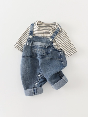 Ensemble de Vêtements d'Automne Style Coréen Bébé Garçon T-Shirt à Rayures Manches Longues et Salopette Denim Coton