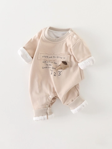 Barboteuse Bébé Nouveau-Né En Mélange de Coton À Manches Longues Vêtements Thermiques Avec Poupée 3D Gris Pour Nourrissons Printemps Automne
