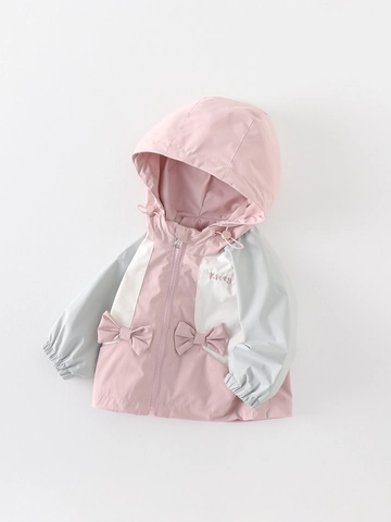 Meisjes Windjack met Capuchon Roze Patchwork Strikzakken Kitty Borduurwerk Polyester Peuter Herfst Casual Overjas Mantel