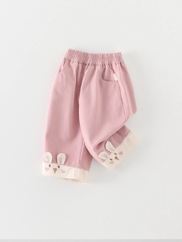 Meisjes Herfst Casual Viscose Katoenmix Broek Schattig Konijnenoor Borduursel Elastische Taille Roze Patchwork Peuter Broek