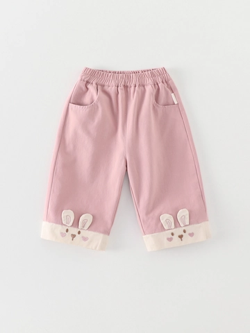 Meisjes Herfst Casual Viscose Katoenmix Broek Schattig Konijnenoor Borduursel Elastische Taille Roze Patchwork Peuter Broek