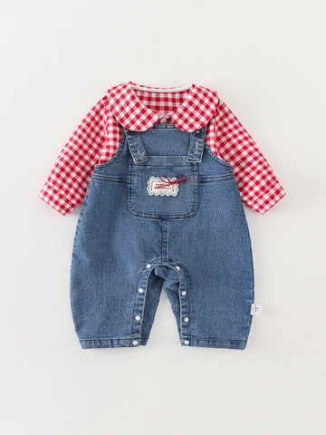 Completo da Bambina 2 Pezzi Camicia a Quadri Natalizi e Salopette in Denim Outfit Autunnale Casual per Neonati Misto Cotone