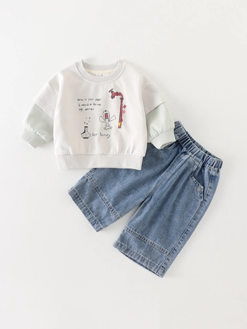 Peuter Meisjes Cartoon Hond Sweatshirt En Denim Shorts Set Zachte Katoenmix Faux Tweedelig Outfit Voor Lente Herfst