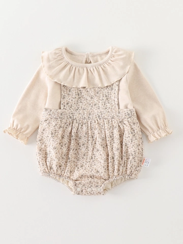 Tenue d'Automne Deux Pièces pour Bébé Fille Chemise à Manches Longues à Volants et Barboteuse à Fleurs en Mélange de Coton