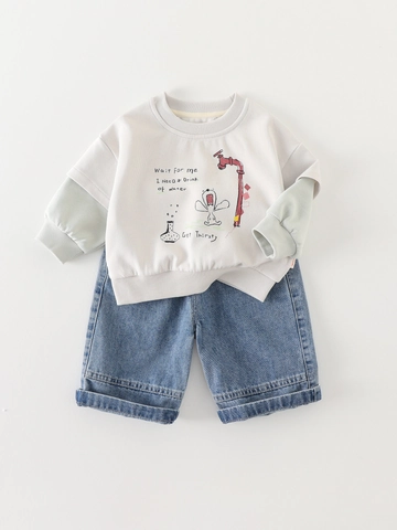 Peuter Meisjes Cartoon Hond Sweatshirt En Denim Shorts Set Zachte Katoenmix Faux Tweedelig Outfit Voor Lente Herfst