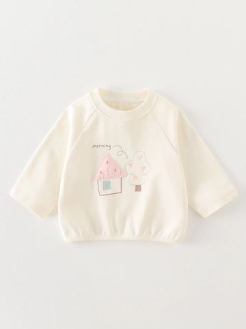 Camiseta de Manga Larga para Bebé Niña Estampado de Casa y Árbol Mezcla de Algodón Cuello Redondo Camisa de Base para Niños