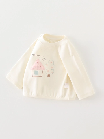 Camiseta de Manga Larga para Bebé Niña Estampado de Casa y Árbol Mezcla de Algodón Cuello Redondo Camisa de Base para Niños
