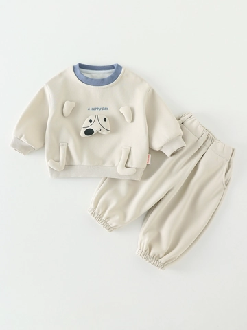 Baby Jungen Herbst Kleidung Zweiteiler Cartoon Hund Sweatshirt Und Jogginghose Baumwollmischung Kleinkind Outfit Beige Blau