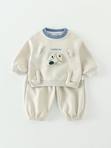 Baby Jungen Herbst Kleidung Zweiteiler Cartoon Hund Sweatshirt Und Jogginghose Baumwollmischung Kleinkind Outfit Beige Blau